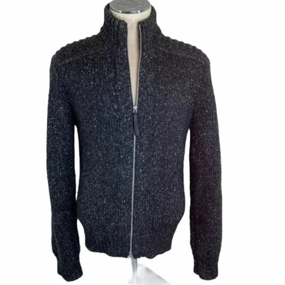 Calvin Klein Jeans Full Zip Sweater Small Gray Marled Wool Blend Mock Neck Mock